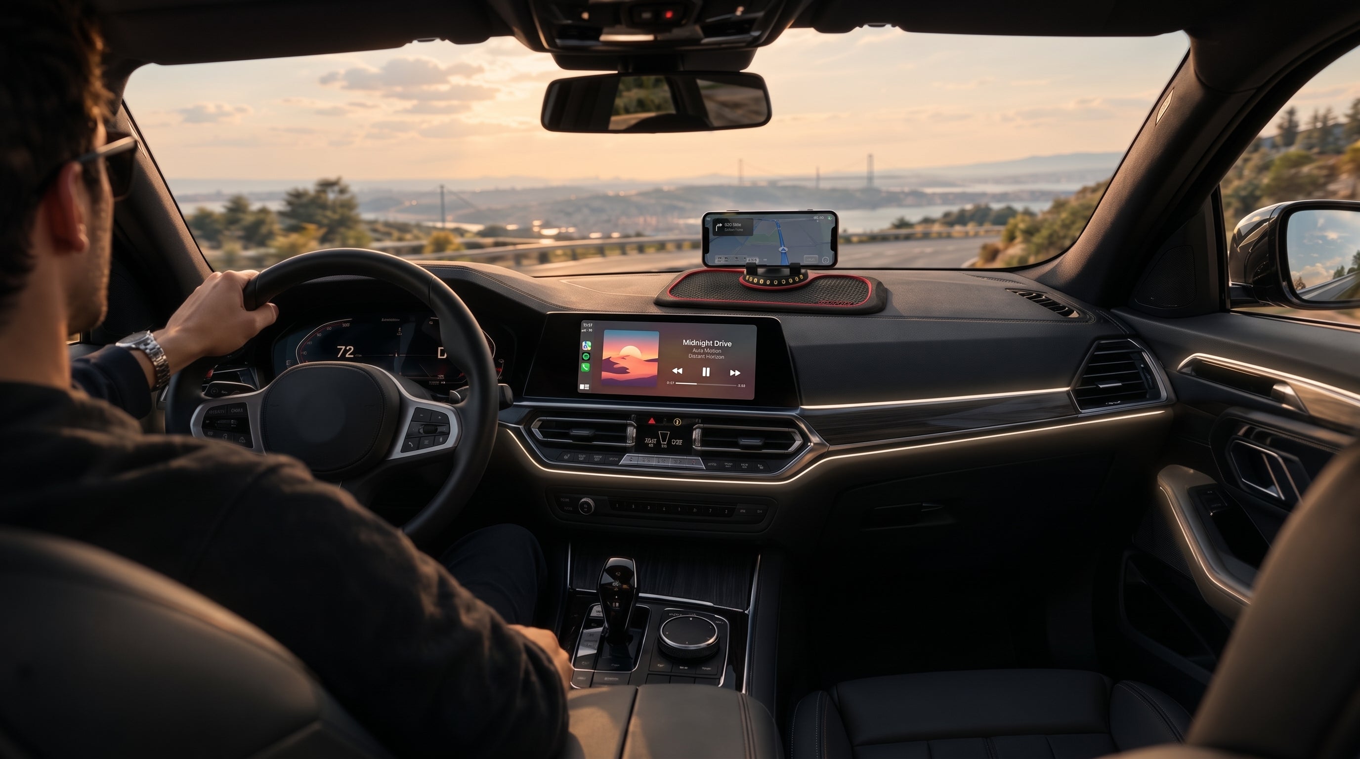 Phone mount and anti-slip mat installed on a car dashboard